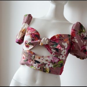 PRIVACY PLEASE Cropped Tie Front Top in Pink Floral, Size Small, linen